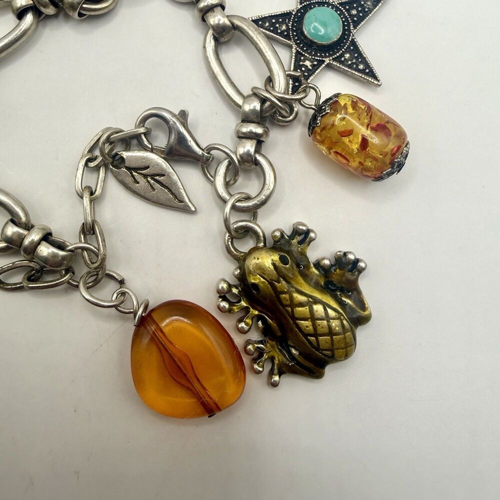 Vintage 925 Sterling Silver Mixed Charm Bracelet Turquoise Amber Frog Turtle 70g - Picture 7 of 14